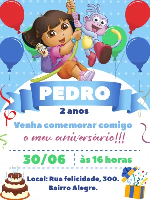 Convite Aniversário Dora Aventureira Azul para Editar Online