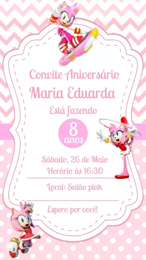 Convite Aniversário Amy Rose do Sonic para Editar Online