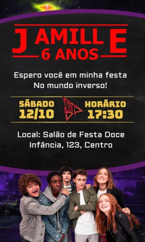 Convite Aniversário Stranger Things com Personagens para Editar