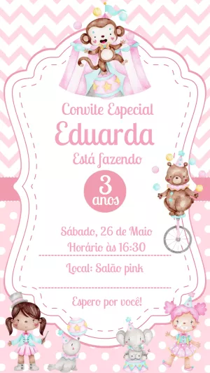 Convite Aniversário Circo Rosa Aquarela para Editar Online