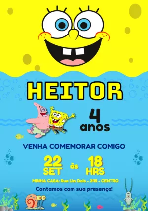 Convite de Aniversário Bob Esponja Editável com Personagens