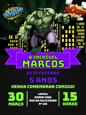 Convite de Aniversário Hulk Editável para Imprimir e Enviar