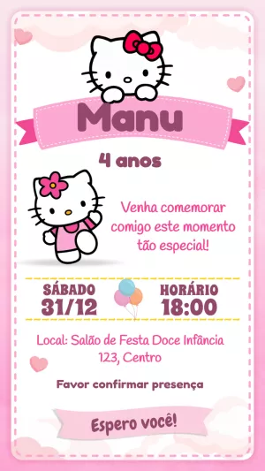 Convite de Aniversário Hello Kitty para Editar Online