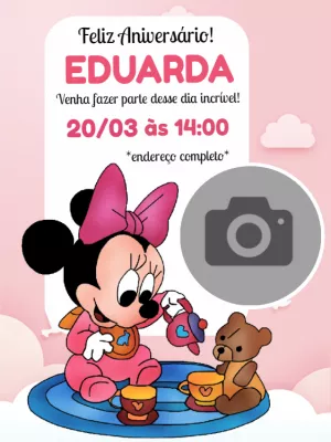 Convite Aniversário Minnie Baby com Foto para Editar Online