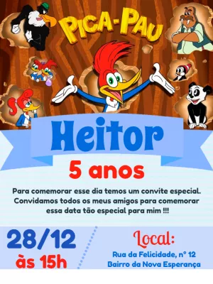Convite de Aniversário Pica-Pau com Personagens para Editar