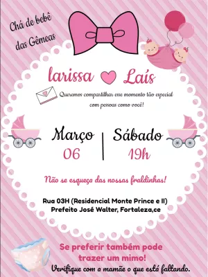Convite Chá de Bebê Gêmeas Rosa com Laço para Editar Online