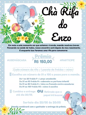 Convite Chá Rifa Elefantinho Azul para Editar Online