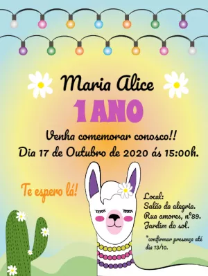 Convite de Aniversário Lhama e Cactos para Editar Online