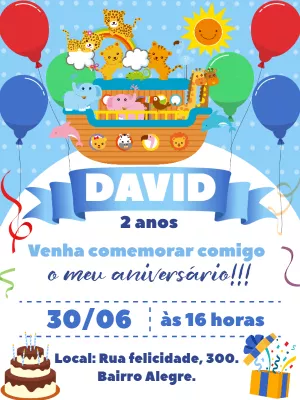 Convite de Aniversário Arca de Noé para Editar Online