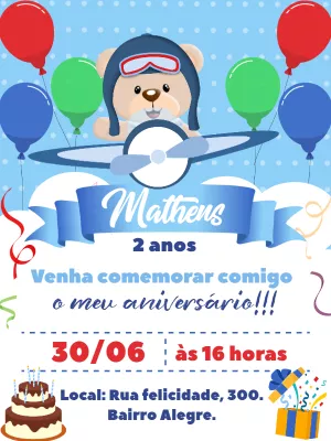 Convite Aniversário Ursinho Aviador para Editar Online