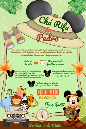 Convite Chá Rifa Safari do Mickey para Editar Online