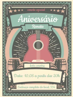 Convite de Aniversário Country com Violão para Editar Online