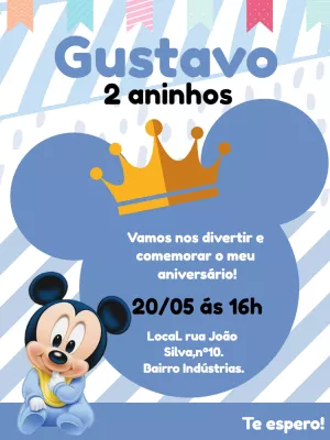 Convite Aniversário Mickey Baby Príncipe para Editar Online