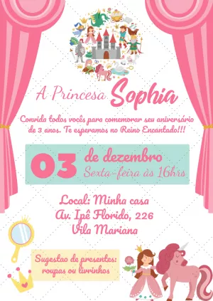 Convite Aniversário Princesa e Unicórnio para Editar Online