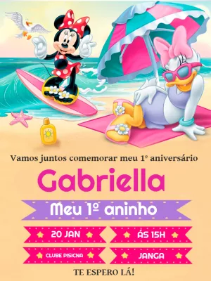 Convite de Aniversário Minnie e Margarida na Praia Editável