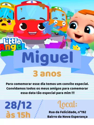 Convite Aniversário Little Angel com Ônibus Coloridos para Editar