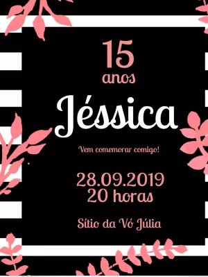 Convite 15 Anos Floral Preto e Branco para Editar Online