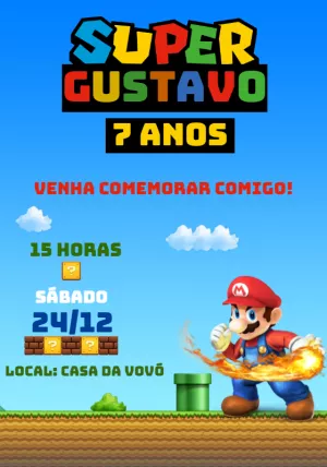 Convite de Aniversário Super Mario Bros Editável Online