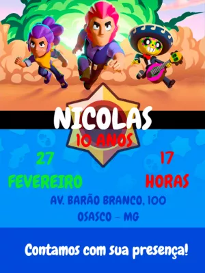 Convite de Aniversário Brawl Stars com Personagens para Editar