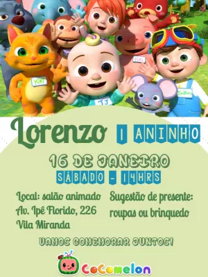 Convite de Aniversário Cocomelon com Personagens para Editar