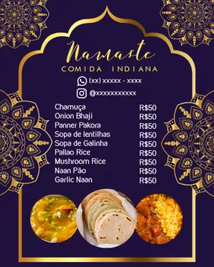 Cardápio de Comida Indiana Elegante para Editar Online