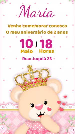 Convite Aniversário Ursinha Princesa Editável Online