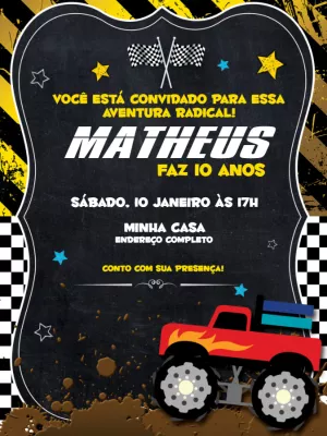 Convite Aniversário Monster Truck Radical para Editar Online