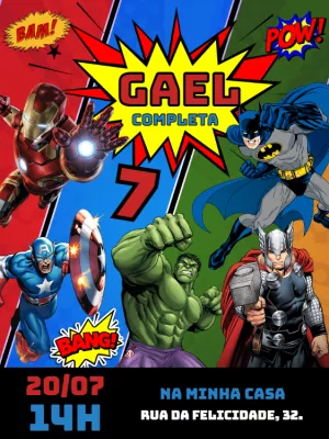 Convite de Aniversário Super-Heróis para Editar Online