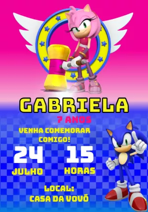 Convite Aniversário Sonic e Amy Rose para Menina para Editar