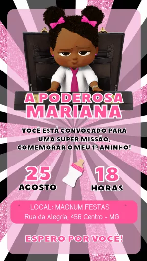 Convite Aniversário Poderosa Chefinha Negra para Editar Online