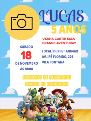 Convite Aniversário Toy Story com Foto para Editar Online