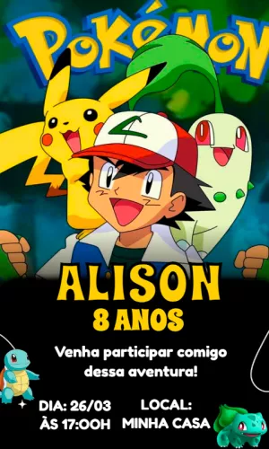 Convite de Aniversário Pokémon com Ash para Editar Online