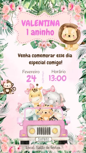 Convite de Aniversário Safari Baby Menina para Editar Online