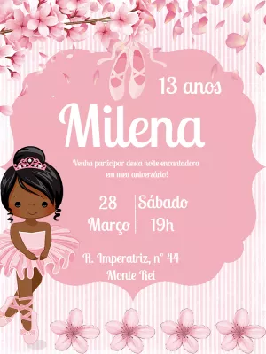 Convite Aniversário Bailarina Negra para Editar Online