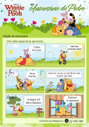 Convite de Aniversário Ursinho Pooh Quadrinhos para Editar