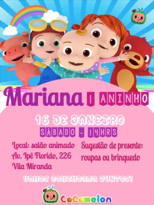 Convite Aniversário Cocomelon com Personagens para Editar
