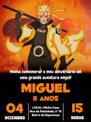 Convite de Aniversário Naruto para Editar e Personalizar