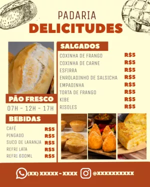 Cardápio de Padaria com Salgados e Bebidas para Editar Online