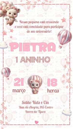Convite Aniversário Ursinha Baloeira para Editar Online