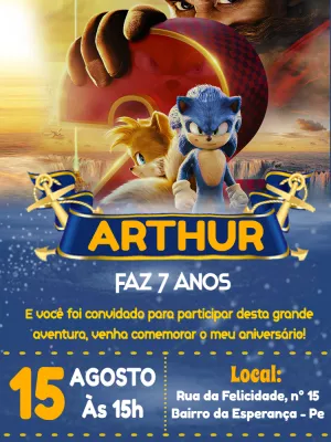 Convite de Aniversário Sonic 2 com Personagens para Editar