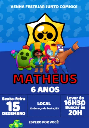 Convite Aniversário Brawl Stars com Personagens para Editar Online