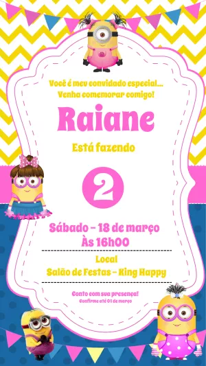 Convite de Aniversário Minions Rosa Editável para Menina