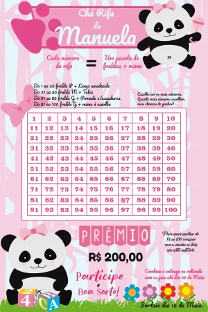 Chá Rifa Panda Rosa: Cartela Editável para Imprimir