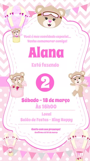 Convite Aniversário Ursinha Baloeira para Editar Online