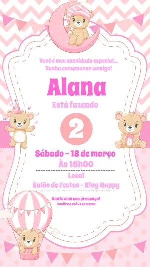 Convite Aniversário Ursinha Fofa para Editar Online