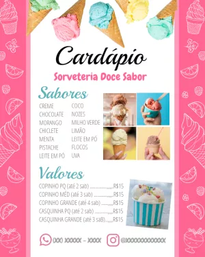 Cardápio de Sorveteria Rosa com Fotos para Editar Online