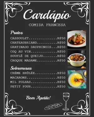 Cardápio Comida Francesa Elegante com Foto para Editar Online