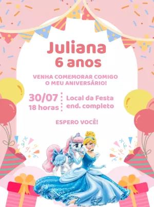 Convite Aniversário Cinderela e Pônei para Editar Online