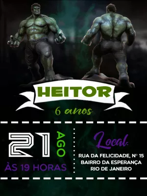 Convite de Aniversário Hulk com Personagem para Editar Online
