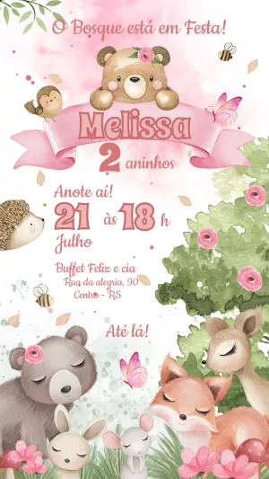 Convite Aniversário Bosque Encantado com Animais para Editar
